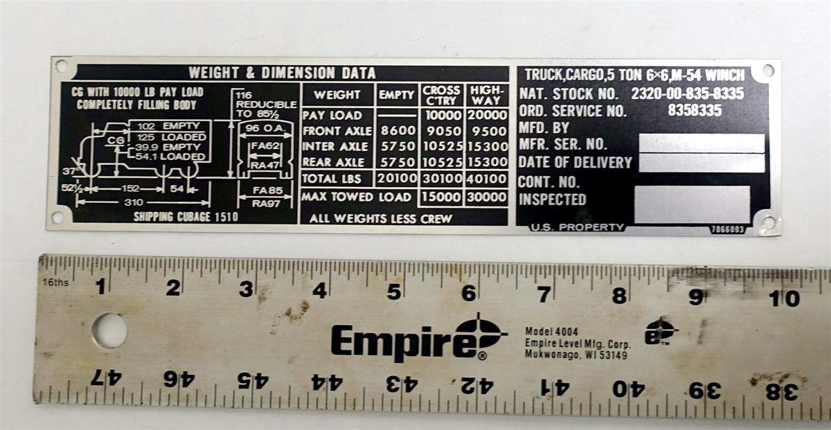 DT-190 | DT-190 M54 Truck Cargo Weight and Dimension Data Plate NEW (2).JPG