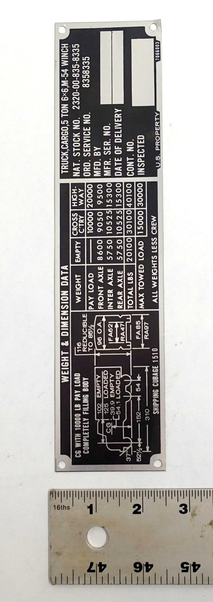 DT-190 | DT-190 M54 Truck Cargo Weight and Dimension Data Plate NEW (3).JPG