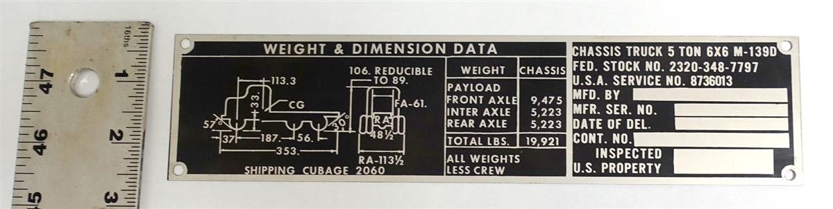 DT-204 | DT-204 M-139D Chassis Truck Weight and Dimension Data Tag NOS (3).JPG