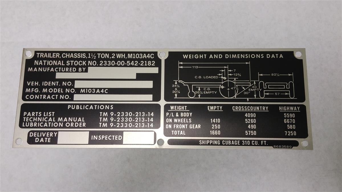 DT-217 | DT-217 M103A4C Chassis Trailer Weight and Dimension Data Tag NOS (2).jpg