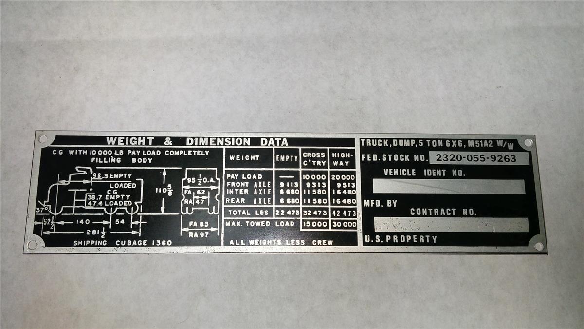 DT-257 | DT-257 M51A2 Dump Truck Weight and Dimension Data Tag NOS (1).jpg