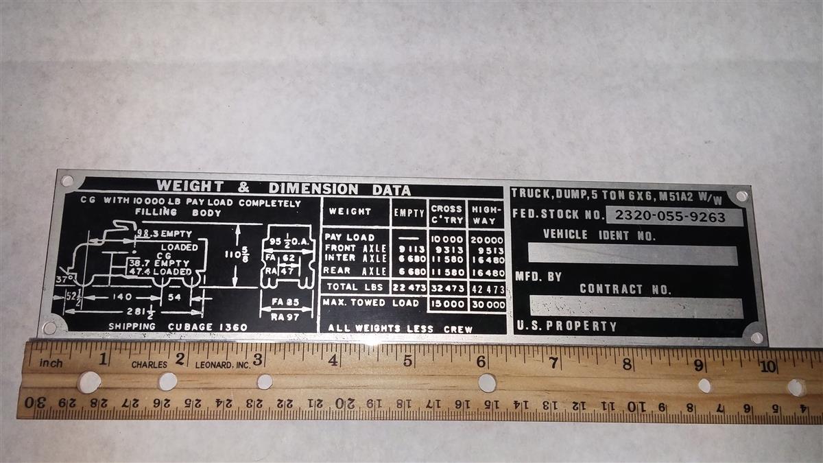 DT-257 | DT-257 M51A2 Dump Truck Weight and Dimension Data Tag NOS (2).jpg