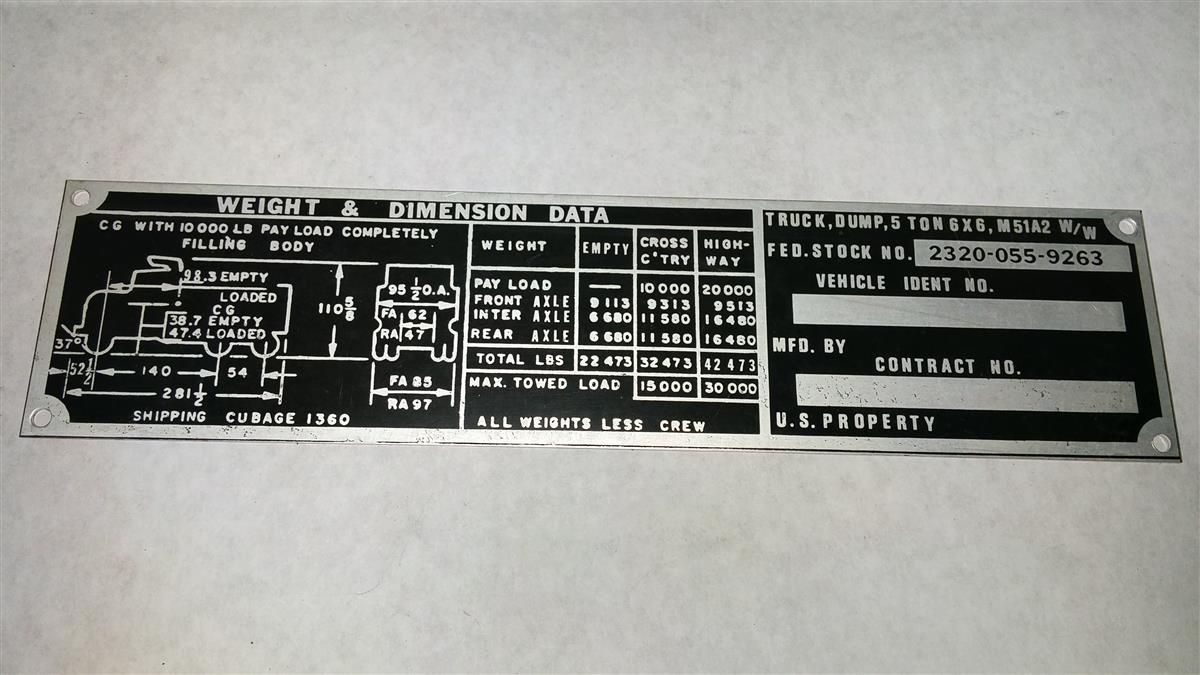 DT-257 | DT-257 M51A2 Dump Truck Weight and Dimension Data Tag NOS (3).jpg