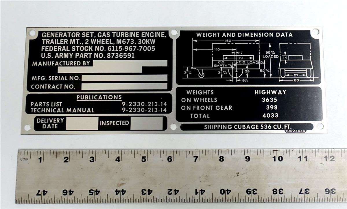 DT-430 | DT-430 M673 2 Wheel Trailer Mounted 30KW Gas Turbine Engine Data Plate NOS (2).JPG