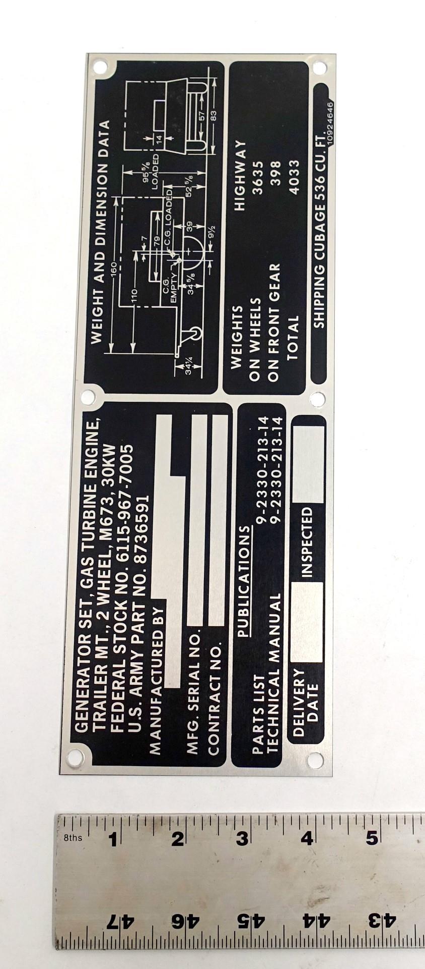 DT-430 | DT-430 M673 2 Wheel Trailer Mounted 30KW Gas Turbine Engine Data Plate NOS (3).JPG