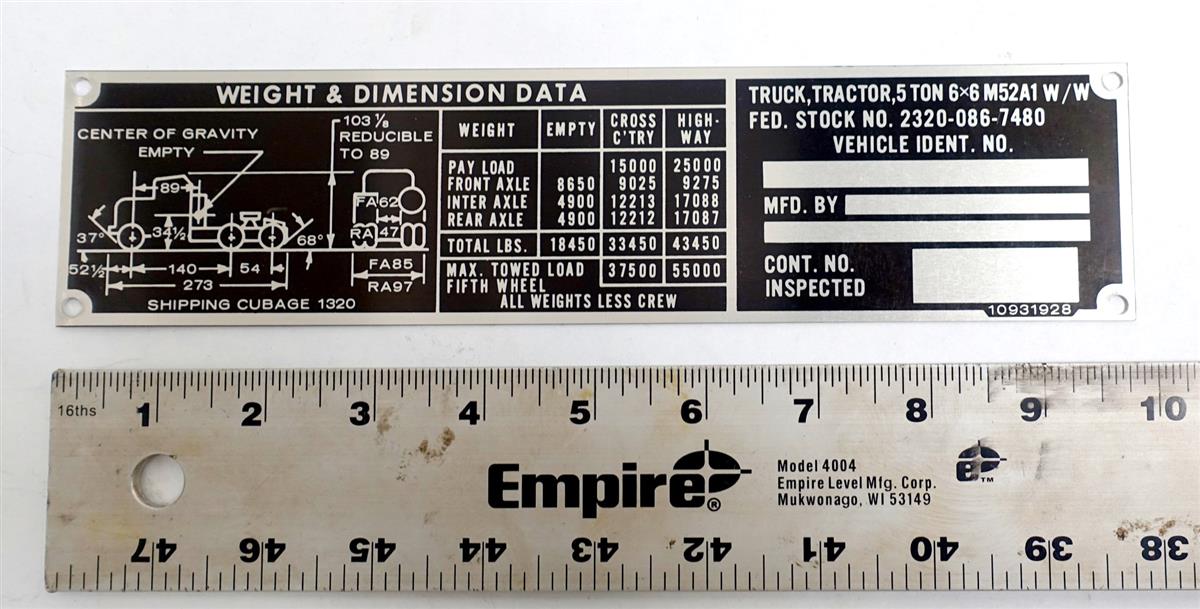 DT-435 | DT-435  M52A1Tractor Truck Weight and Dimension Data Tag NOS (2).JPG
