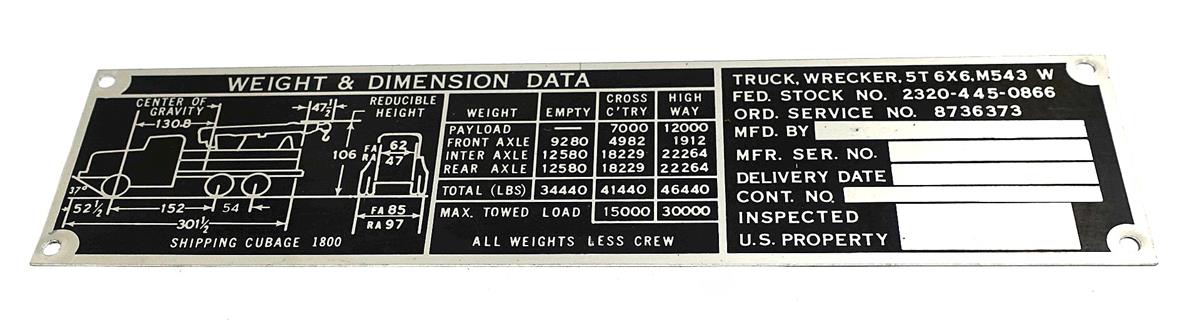 DT-436 | DT-436 M543 5 Ton Wrecker Truck Weight and Distribution Data Tag (1) (Large).JPG