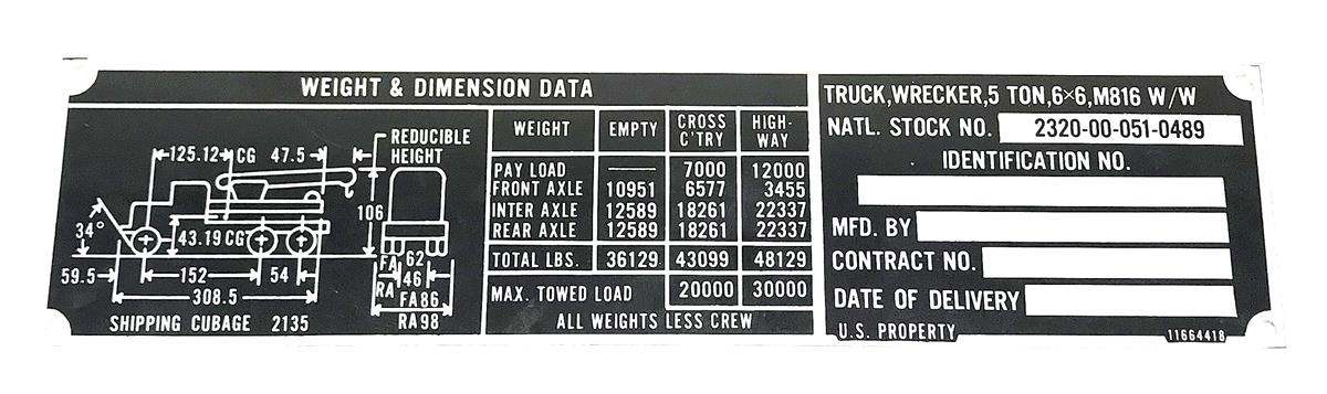 DT-442 | DT-442  M816 Wrecker Truck Weight and Dimension Data Plate (1).jpg