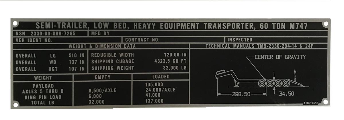 DT-466 | DT-466  Heavy Equipment Transporter Trailer Weight and Dimension Data Plate (1).jpg