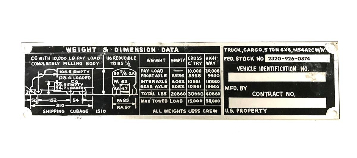 DT-524 | DT-524 M54A2C Cargo Truck Weight and Dimension Data Plate (1).jpg