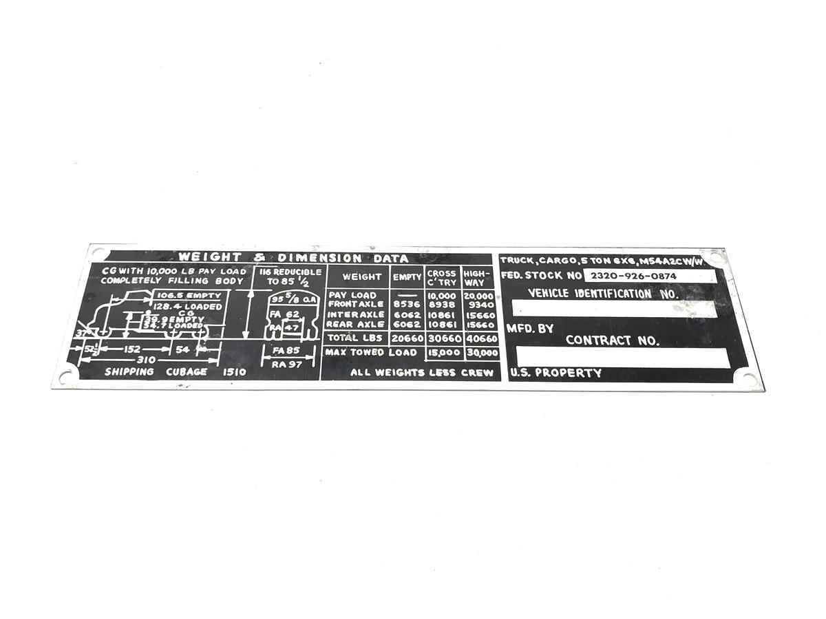 DT-524 | DT-524 M54A2C Cargo Truck Weight and Dimension Data Plate (3).jpg
