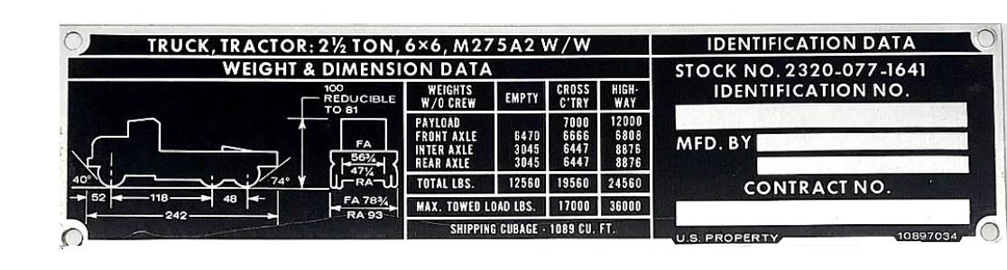 DT-557 | DT-557 M275A2 Tractor Truck Weight and Dimension Data Plate (2).jpg